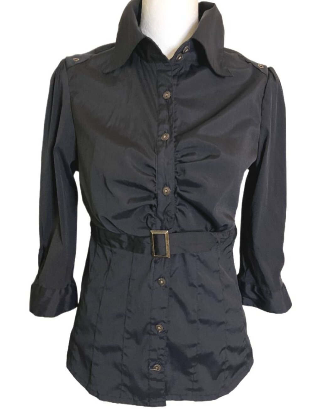 Antilla Femme Black Belted Stretch Button Up Top Ruched Front 3/4 Sleeves Size S